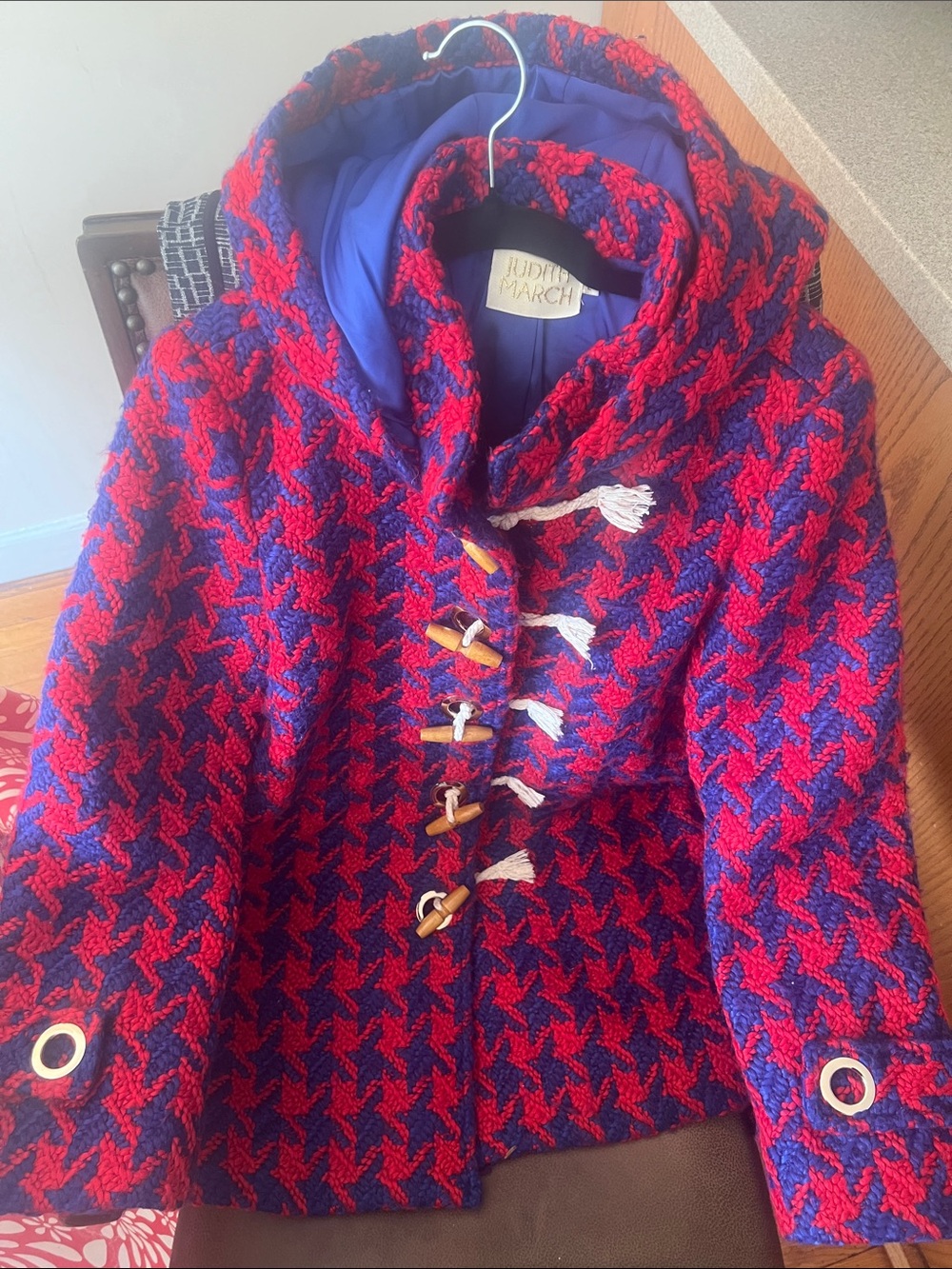 Judith March Red and Blue Wool Hooded Toggle Pea Coat